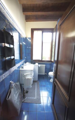 a blue bathroom with a sink and a toilet at DIMORA CECILIA, nel cuore della città in Vicenza