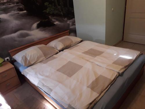 バラトンフェニヴェシュにあるApartmanhaz Balatonfenyvesの毛布付きのベッドルームのベッド1台