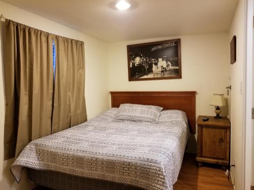 um quarto com uma cama e uma fotografia na parede em Pecan Cabin em Fredericksburg