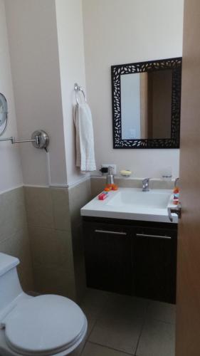 a bathroom with a toilet and a sink and a mirror at Ocean Club Playas in Playas