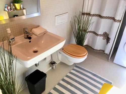 a bathroom with a toilet and a sink at Lofoten Fjord Lodge in Saupstad