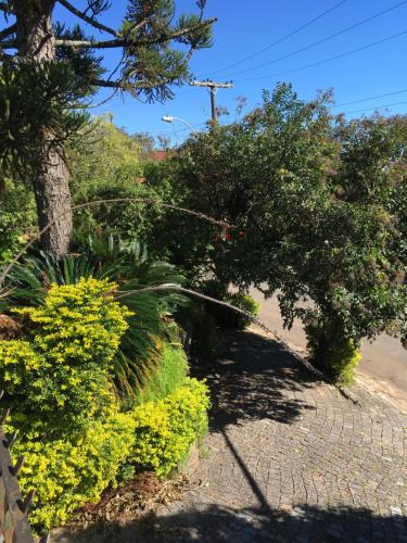 a garden with flowers and trees on a sidewalk at Residência Acolhedora in Porto Alegre