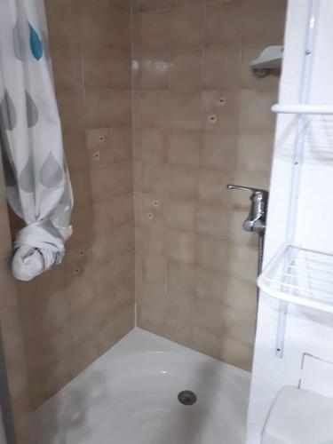 La salle de bains est pourvue d'une douche et d'un rouleau de papier toilette. dans l'établissement Studio 250m mer et Seaquarium avec place parking, au Grau-du-Roi