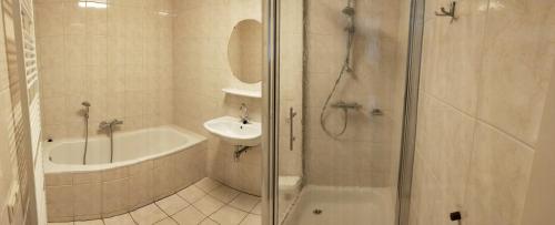 bagno con doccia, lavandino e servizi igienici di Bungalow 6 personen a Nunspeet