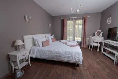 a bedroom with a bed and a desk and a television at Le Clos Magedon in Médan