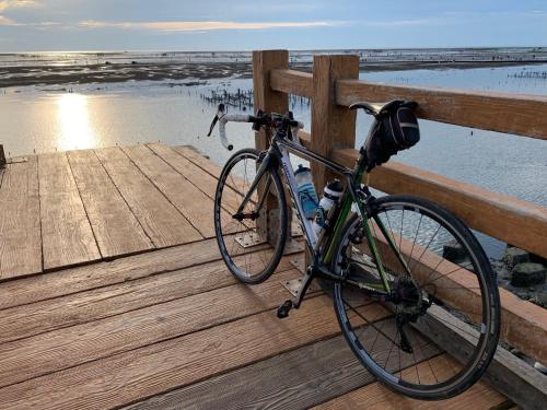 芳苑鄉的住宿－王功皇后飯店，停在水边的木码头上的自行车