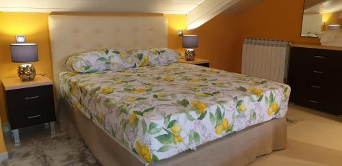 a bedroom with a bed and two night stands with lamps at Apartamentos Monte Hernanz in Riaza