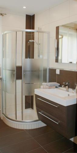 a bathroom with a glass shower and a sink at Ferienwohnung Maria in Nittenau
