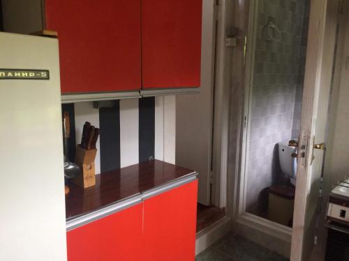 a small kitchen with red cabinets and a toilet at GuestHouse Malkhazi in Borjomi