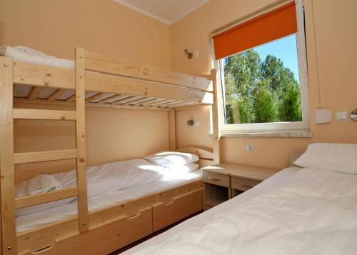 two bunk beds in a room with a window at Hostel Żywiec in Żywiec