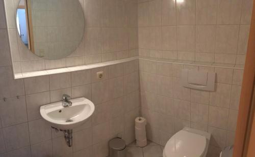 a bathroom with a sink and a toilet and a mirror at ALPENFREUND in Mittenwald