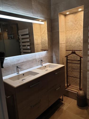 La salle de bains est pourvue d'un lavabo et d'un grand miroir. dans l'établissement Brest quartier Siam appartement 3 étoiles, à Brest
