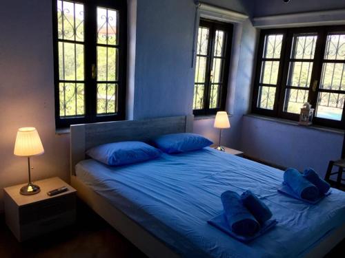 a bedroom with a bed with blue pillows and windows at Villa Valia: Traditional Luxurious Residence in Pyrgadikia