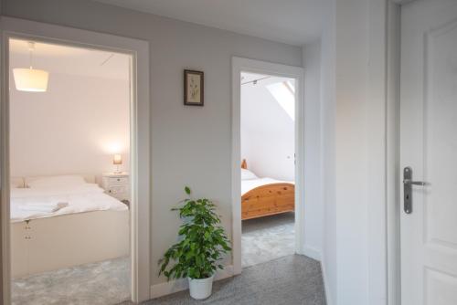 a bedroom with a mirror and a bed and a plant at Tatarska Zagroda - Agroturystyka Dolina Baryczy Noclegi - Domek Jelonek in Krośnice