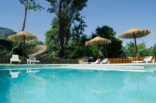 ein Swimmingpool mit Stühlen und Sonnenschirmen in der Unterkunft Alojamiento Rural Casa Fuente del Prado in La Iruela
