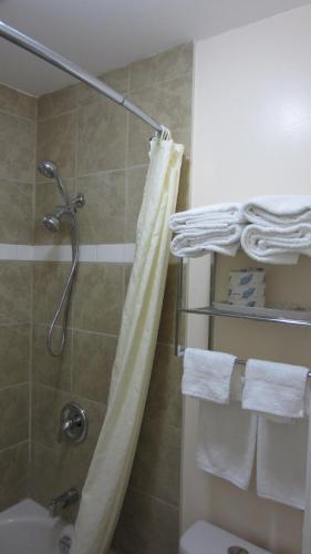 a shower with a shower curtain and towels in a bathroom at Village Inn & Suites - Sudbury in Lively