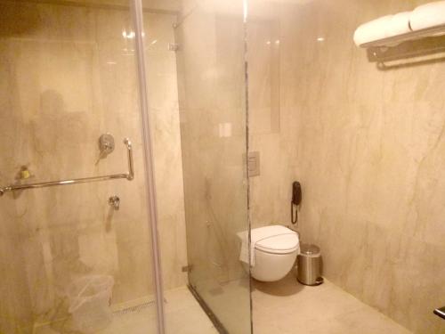 W łazience znajduje się toaleta i przeszklony prysznic. w obiekcie HOTEL SAVITHRI w mieście Attingal