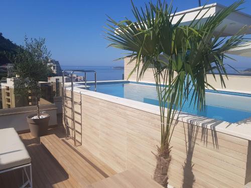 uma palmeira numa varanda com piscina em Lunde Sea View Apartment em Rafailovici