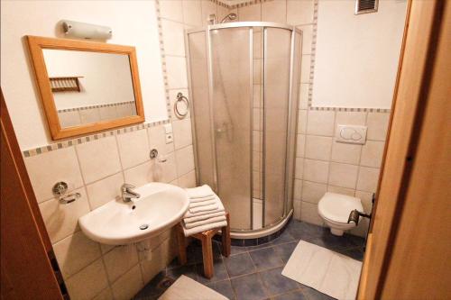 uma casa de banho com um chuveiro e um lavatório. em Paulnhof em Brennero