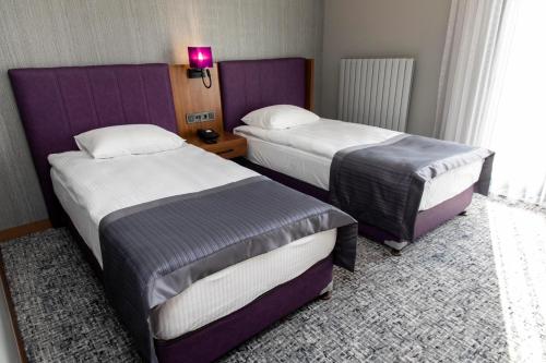 a hotel room with two beds and a window at BUSINESSPALAS DELUXE in Izmit