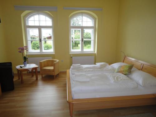 a bedroom with a bed with white sheets and two windows at Zeilinger Villa in Knittelfeld