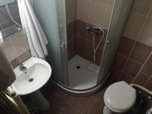 a bathroom with a shower and a toilet and a sink at Hotel Delta in Pljevlja