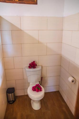 a bathroom with a toilet with pink flowers on it at Vilancool Beach Resort in Vilanculos