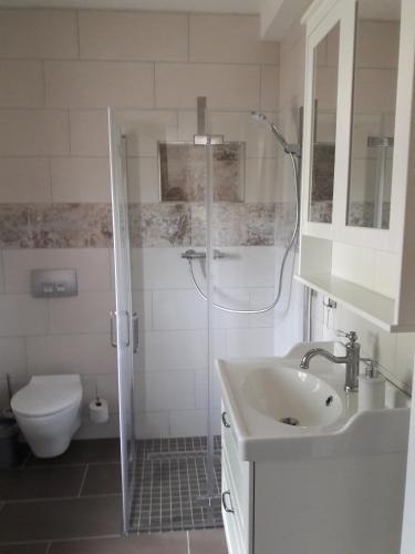 y baño con ducha, lavabo y aseo. en Ferienwohnung en Gadsdorf