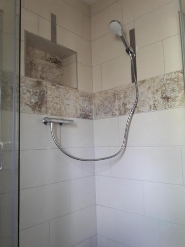 La salle de bains est pourvue d'une douche avec un pommeau de douche. dans l'établissement Ferienwohnung, à Gadsdorf