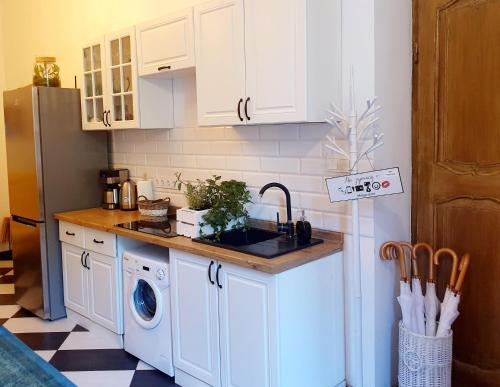 a kitchen with a sink and a washing machine at Topolove Rooms & Apartments in Krakow