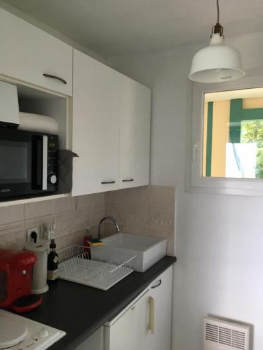 une cuisine avec un comptoir avec un évier et un micro-ondes dans l'établissement Cap Bleu, à Blonville-sur-Mer
