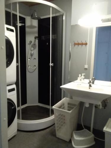 a bathroom with a shower and a sink and a shower at Wanhan Aseman Majatalo in Savonlinna