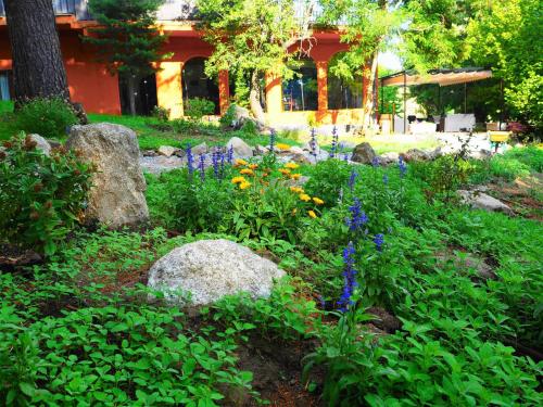 a garden with flowers and rocks in front of a building at Hospedium Hostal Almanzor in Navarredonda de Gredos