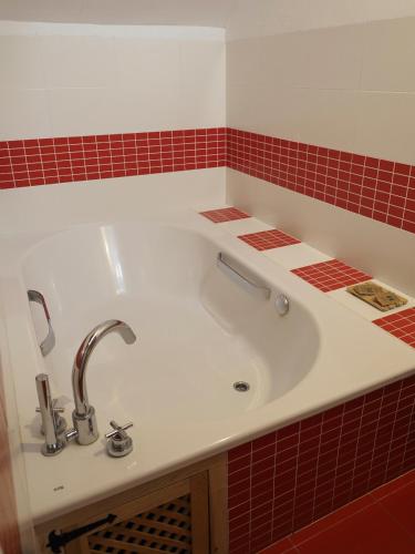 a white sink in a bathroom with red tiles at Hospedium Hostal Almanzor in Navarredonda de Gredos