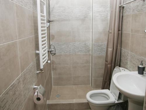 a bathroom with a toilet and a sink and a shower at Two Towers Guest House in Kutaisi