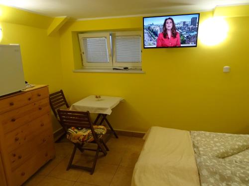a bedroom with a bed and a tv on the wall at Sobe-Apartma in Maribor