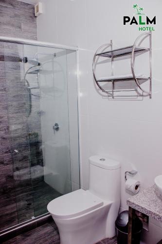 a bathroom with a toilet and a glass shower at Palm Hotel Tarapoto in Tarapoto
