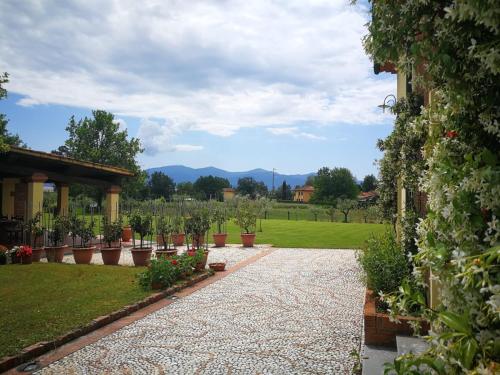 a garden with potted plants and a building at B&B La Fornace del Sole in Capannori