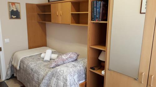 1 dormitorio con cama y estante para libros en Montblanc Medieval, Ruta del Cister, Costa Dorada en Montblanc