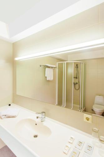 a bathroom with a sink and a large mirror at Park Villa Hotel in Vilnius