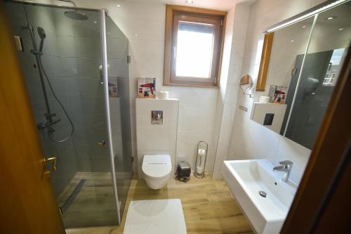 a bathroom with a shower and a toilet and a sink at Central Inn in Zlatibor