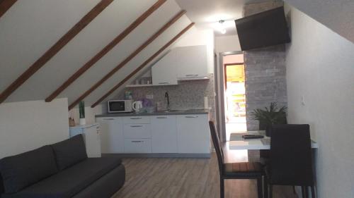 a kitchen and a living room with a couch and a table at Studio Apartmani Patricia in Smoljanac