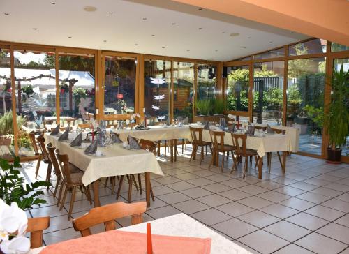 ein Restaurant mit Tischen, Stühlen und Fenstern in der Unterkunft Alt Wehlheiden in Kassel