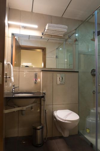 a bathroom with a toilet and a sink and a mirror at Heritage Inn in Mysore