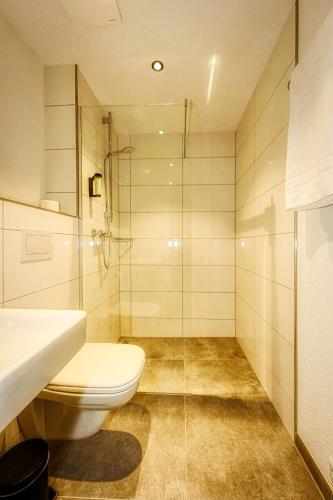 a bathroom with a toilet and a glass shower at Hotel Linde Pfalz in Silz