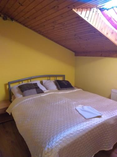 a bedroom with a large white bed with a skylight at Apartman Ala in Poprad