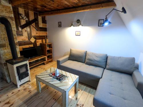 a living room with a couch and a fireplace at Etno selo Smrčevo brdo in Žabljak
