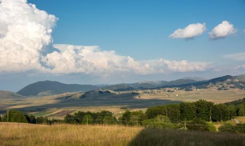 a view of a field with mountains in the background at Etno selo Smrčevo brdo in Žabljak