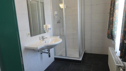 a bathroom with a sink and a shower at Ennstalerhof in Grossraming