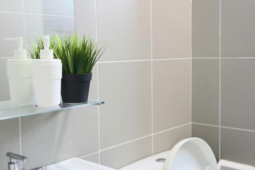 a bathroom with a toilet and a plant on a shelf at HOT! Niki Adina - City Centre - Astro - MSU - WiFi in Shah Alam